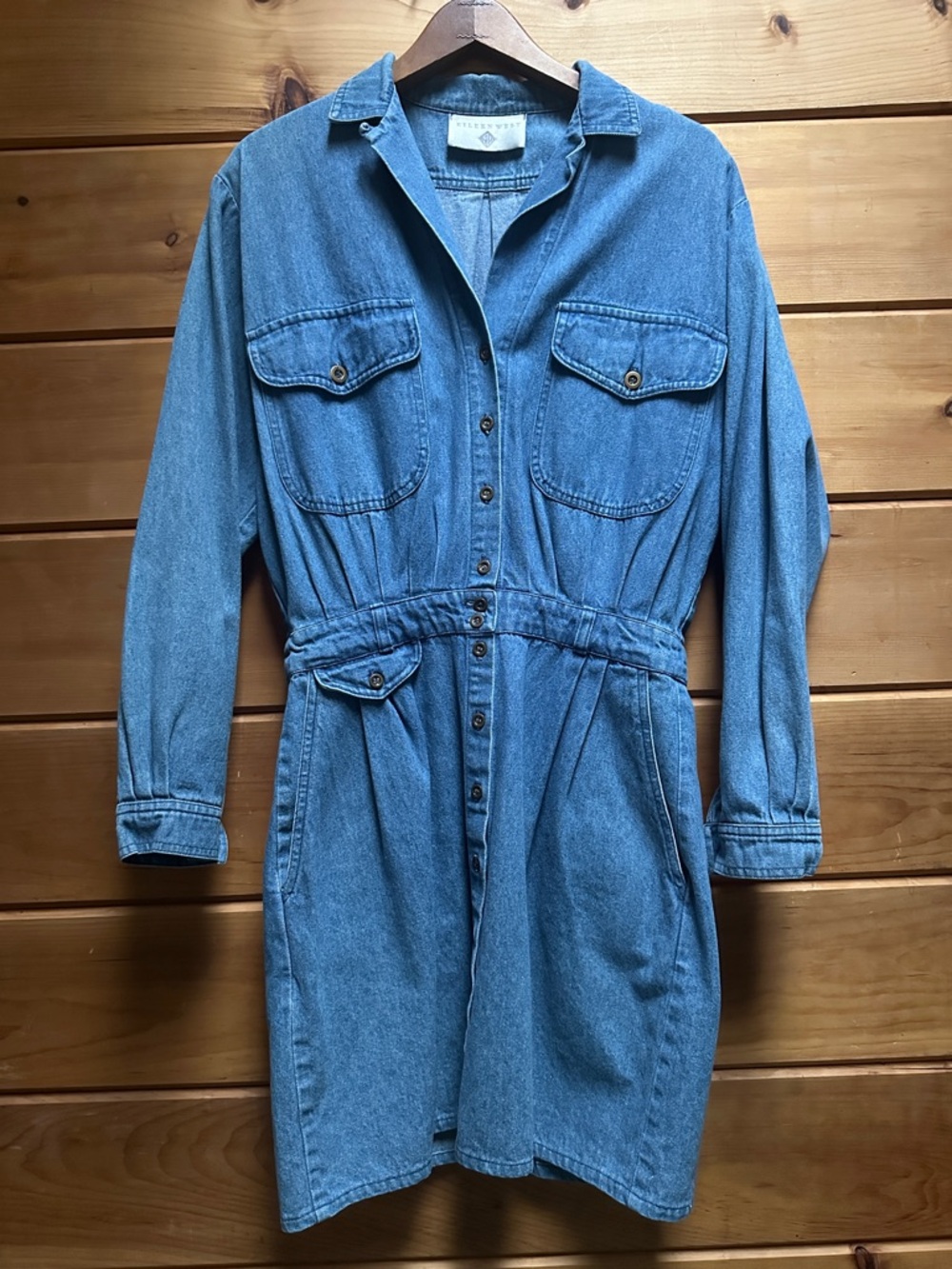 Vintage Eileen West denim Botton up shirt dress pleated with pockets mini S